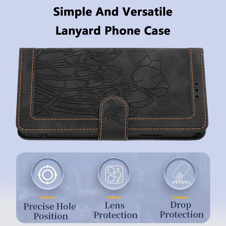 For Redmi Note 14 Pro 5G Tulips Embossed Leather Phone Case with Lanyard
