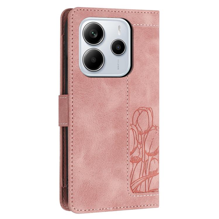 For Redmi Note 14 4G 164.84mm Tulips Embossed Leather Phone Case with Lanyard