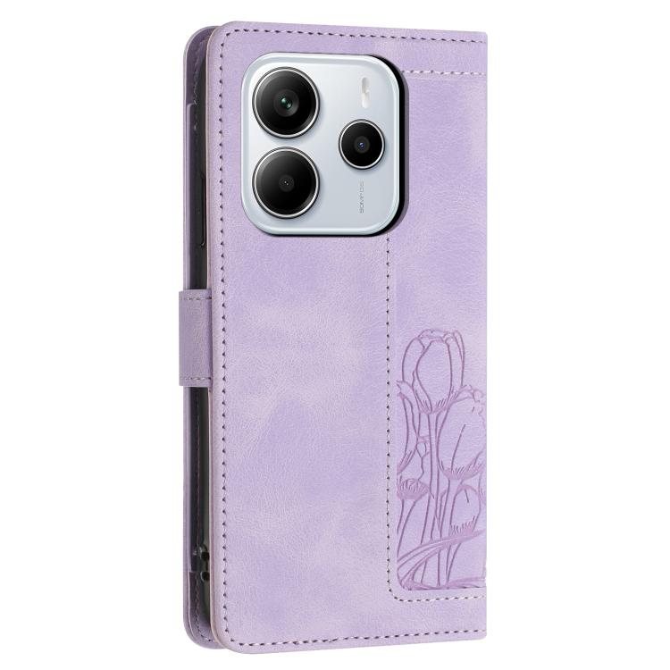 For Redmi Note 14 4G 164.84mm Tulips Embossed Leather Phone Case with Lanyard