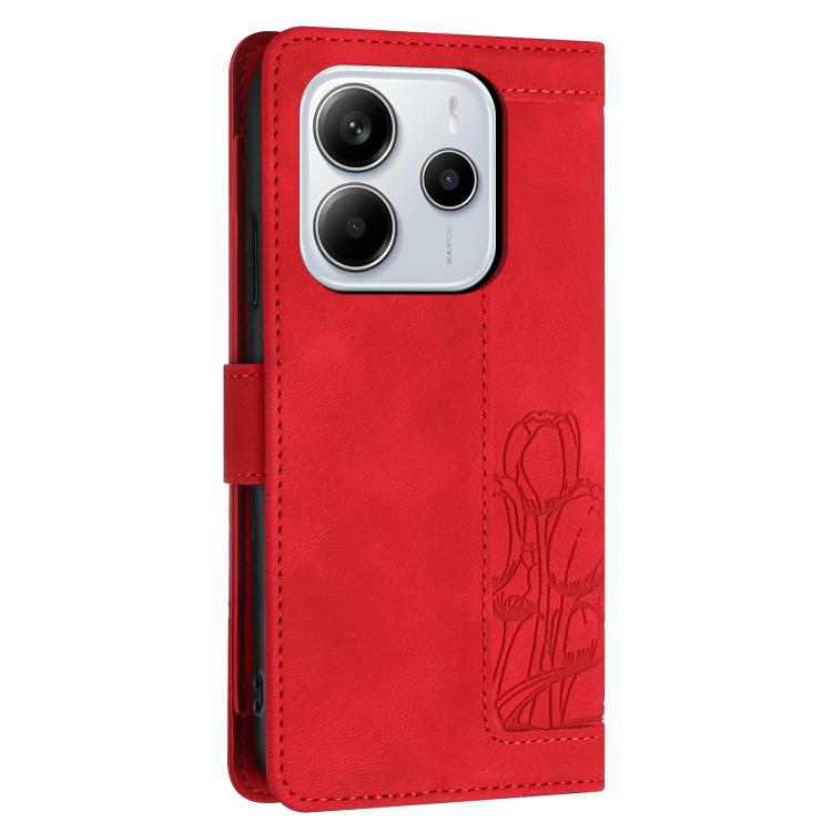 For Redmi Note 14 4G 164.84mm Tulips Embossed Leather Phone Case with Lanyard