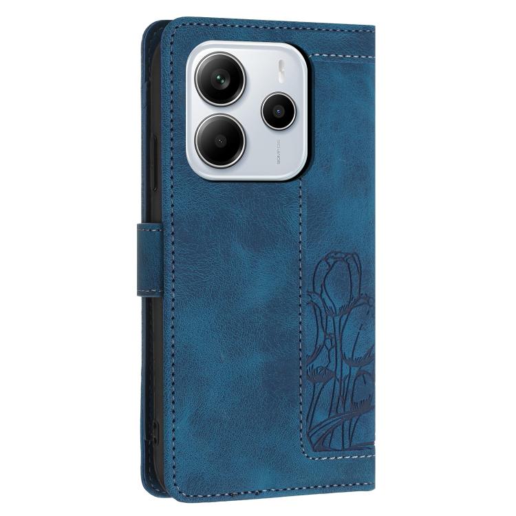 For Redmi Note 14 4G 164.84mm Tulips Embossed Leather Phone Case with Lanyard