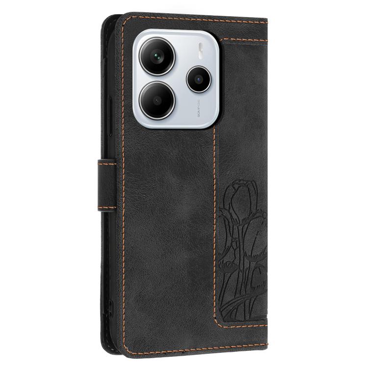 For Redmi Note 14 4G 164.84mm Tulips Embossed Leather Phone Case with Lanyard