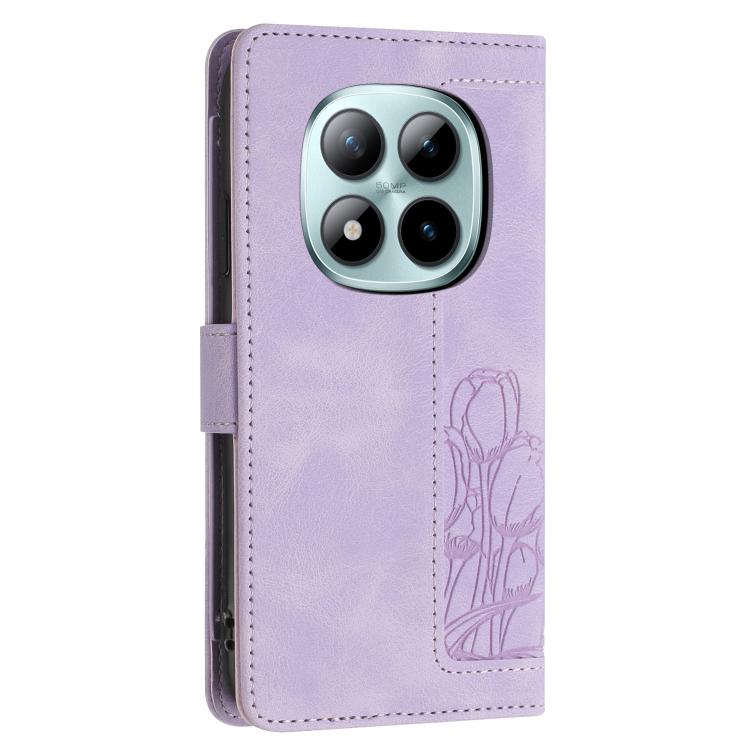 For Redmi Note 15 Pro 5G Global 163.6mm Tulips Embossed Leather Phone Case with Lanyard