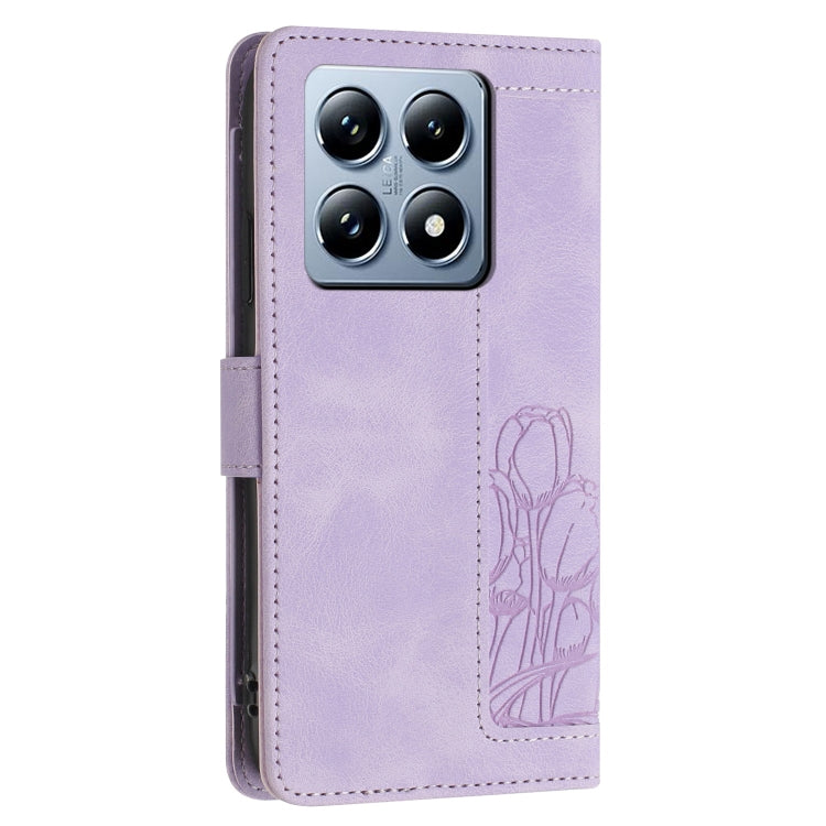 For Xiaomi 14T Pro Tulips Embossed Leather Phone Case with Lanyard