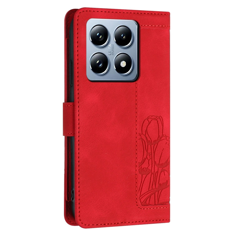 For Xiaomi 14T Pro Tulips Embossed Leather Phone Case with Lanyard