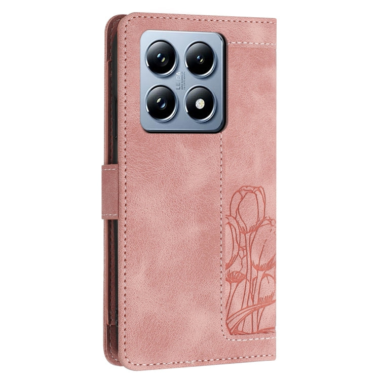 For Xiaomi 14T Tulips Embossed Leather Phone Case with Lanyard