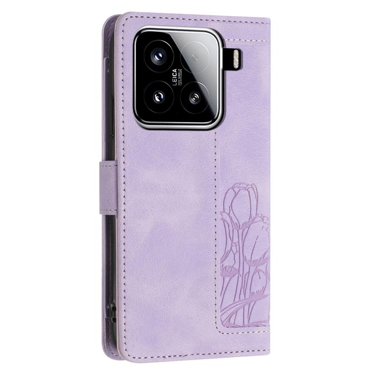 For Xiaomi 15 Tulips Embossed Leather Phone Case with Lanyard