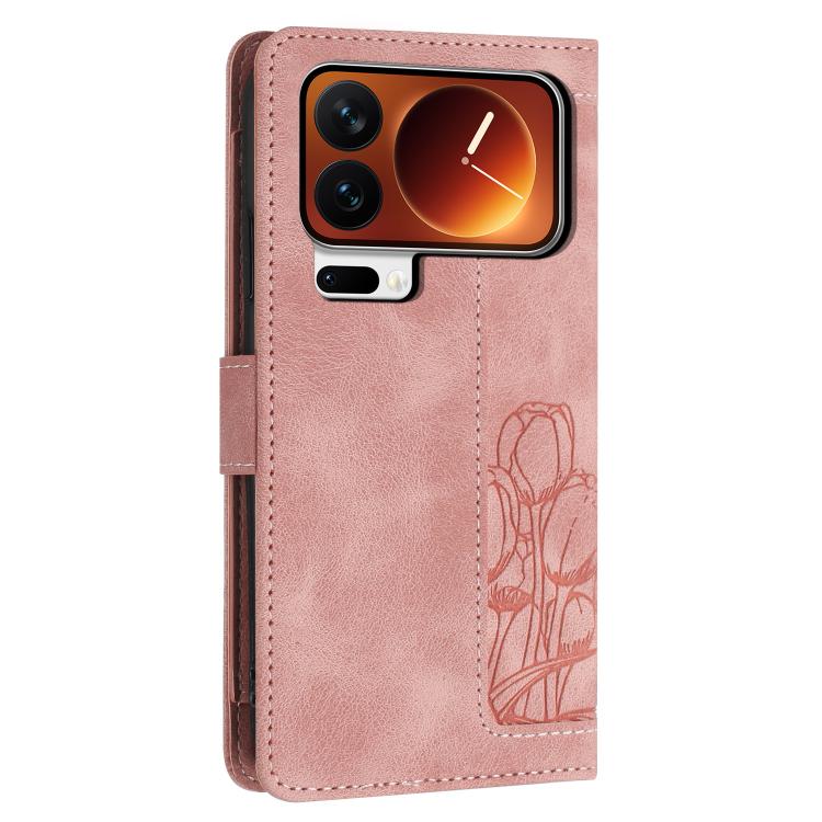 For Xiaomi 17 Pro Max Tulips Embossed Leather Phone Case with Lanyard