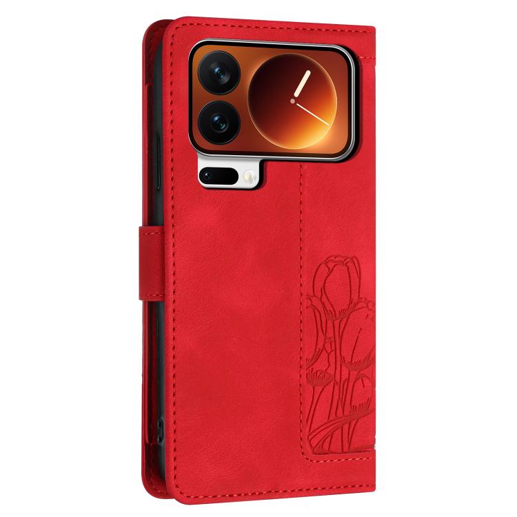 For Xiaomi 17 Pro Tulips Embossed Leather Phone Case with Lanyard
