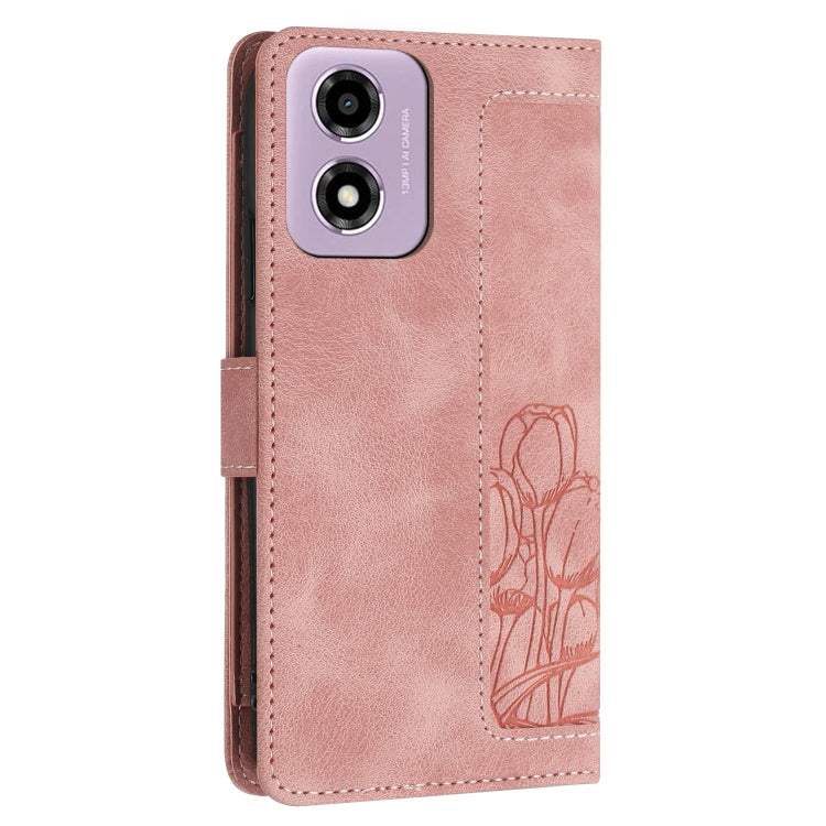 For Motorola Moto E14 Tulips Embossed Leather Phone Case with Lanyard