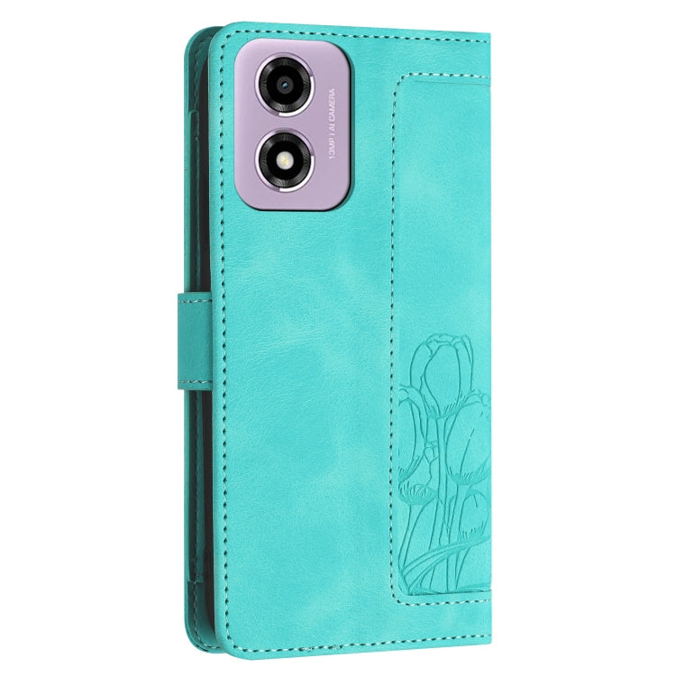 For Motorola Moto E14 Tulips Embossed Leather Phone Case with Lanyard