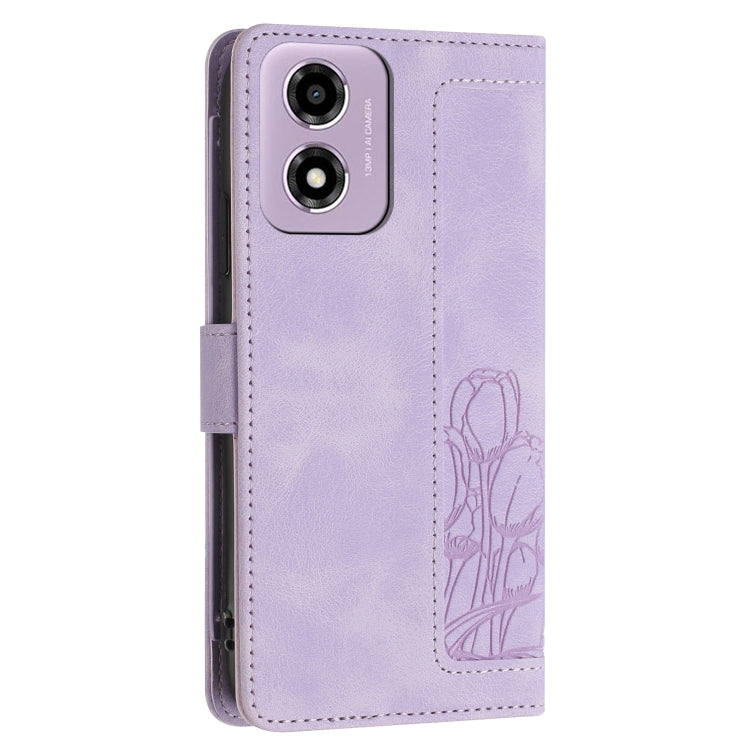 For Motorola Moto E14 Tulips Embossed Leather Phone Case with Lanyard