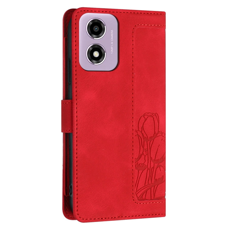 For Motorola Moto E14 Tulips Embossed Leather Phone Case with Lanyard