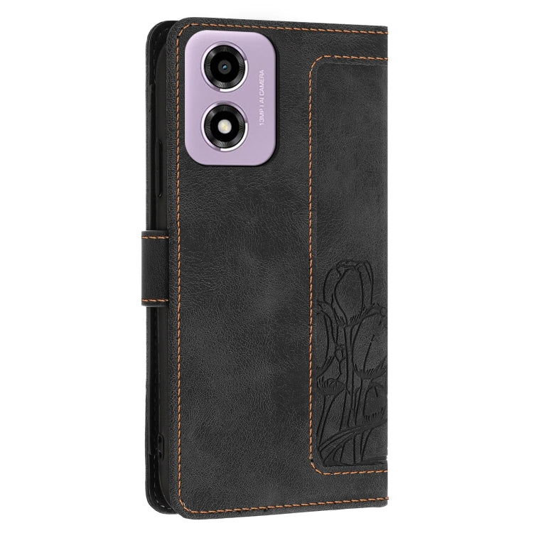 For Motorola Moto E14 Tulips Embossed Leather Phone Case with Lanyard