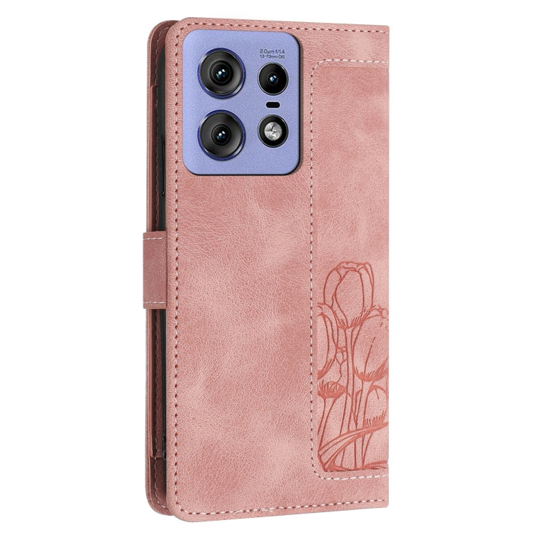 For Motorola Edge 50 Pro Tulips Embossed Leather Phone Case with Lanyard