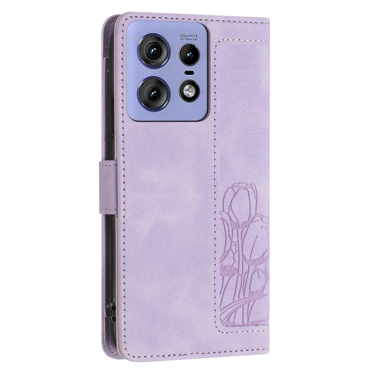 For Motorola Edge 50 Pro Tulips Embossed Leather Phone Case with Lanyard