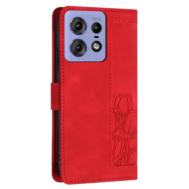 For Motorola Edge 50 Pro Tulips Embossed Leather Phone Case with Lanyard
