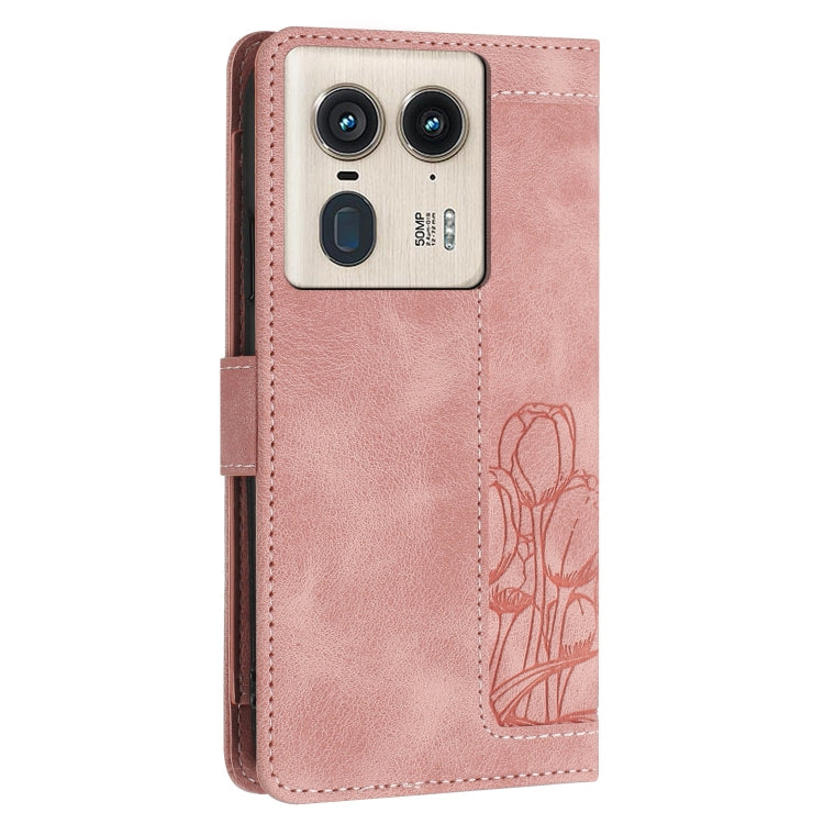 For Motorola Edge 50 Ultra Tulips Embossed Leather Phone Case with Lanyard