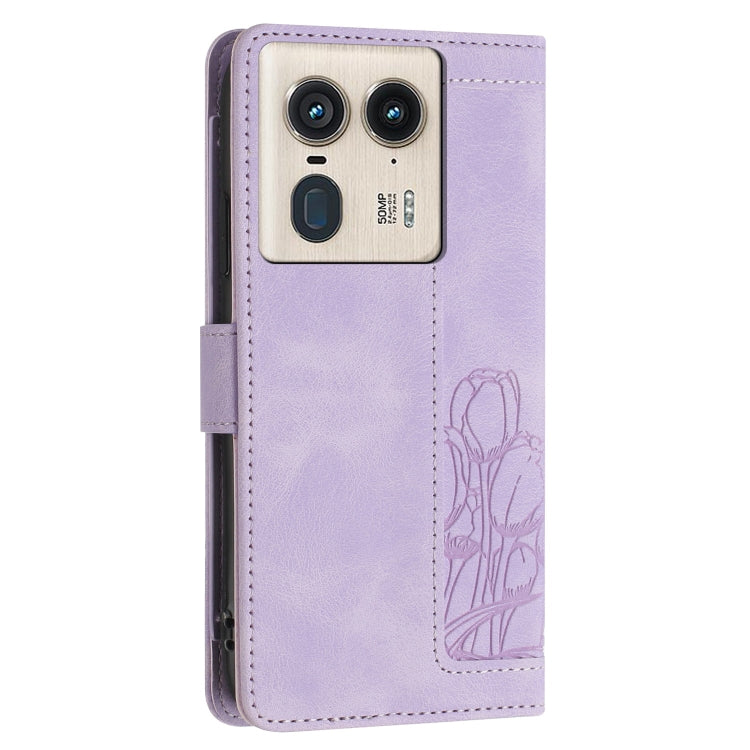 For Motorola Edge 50 Ultra Tulips Embossed Leather Phone Case with Lanyard