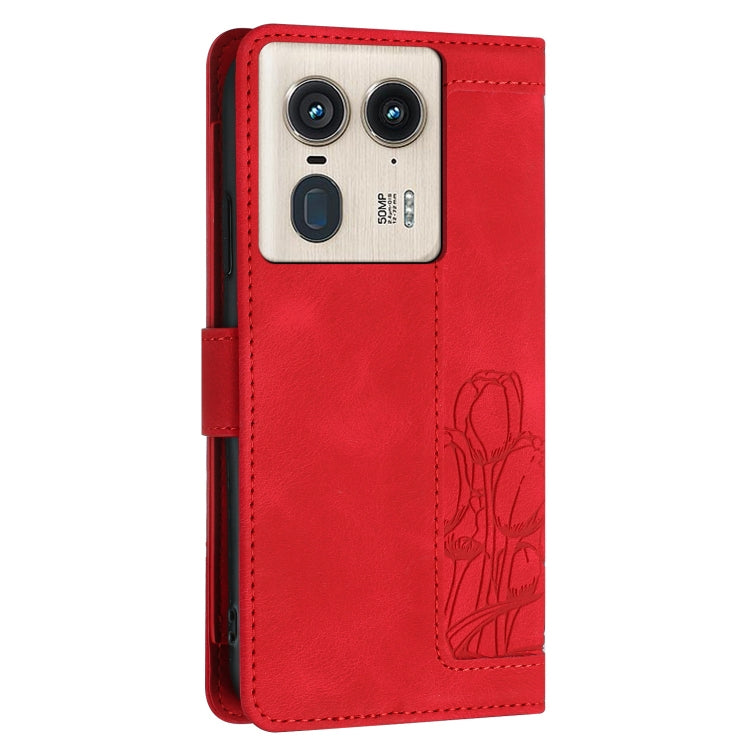 For Motorola Edge 50 Ultra Tulips Embossed Leather Phone Case with Lanyard