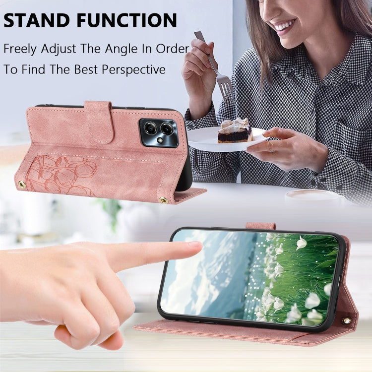 For Motorola Moto G14 / G54 Tulips Embossed Leather Phone Case with Lanyard