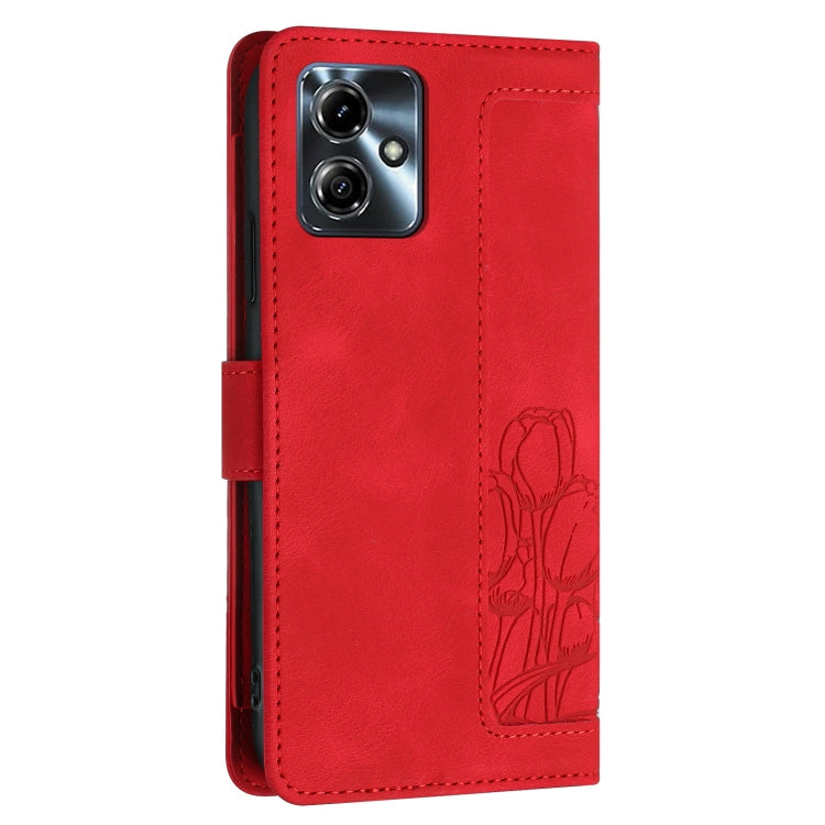 For Motorola Moto G14 / G54 Tulips Embossed Leather Phone Case with Lanyard