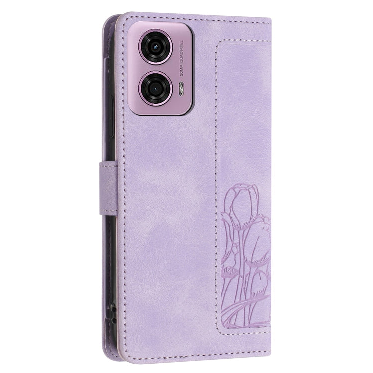 For Motorola Moto G34 Tulips Embossed Leather Phone Case with Lanyard