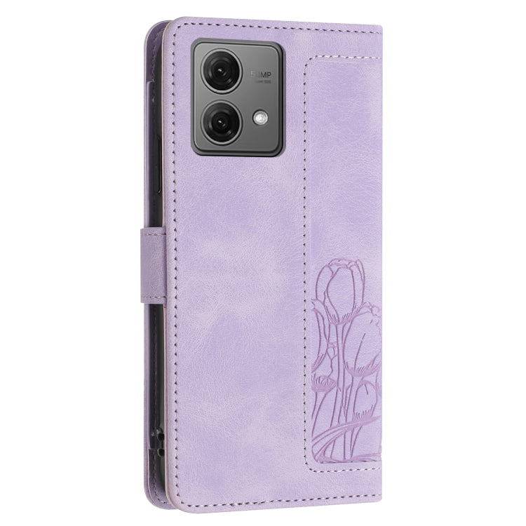 For Motorola Moto G84 Tulips Embossed Leather Phone Case with Lanyard