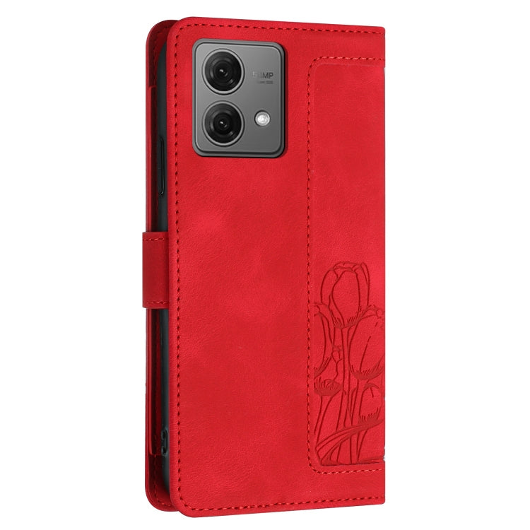 For Motorola Moto G84 Tulips Embossed Leather Phone Case with Lanyard