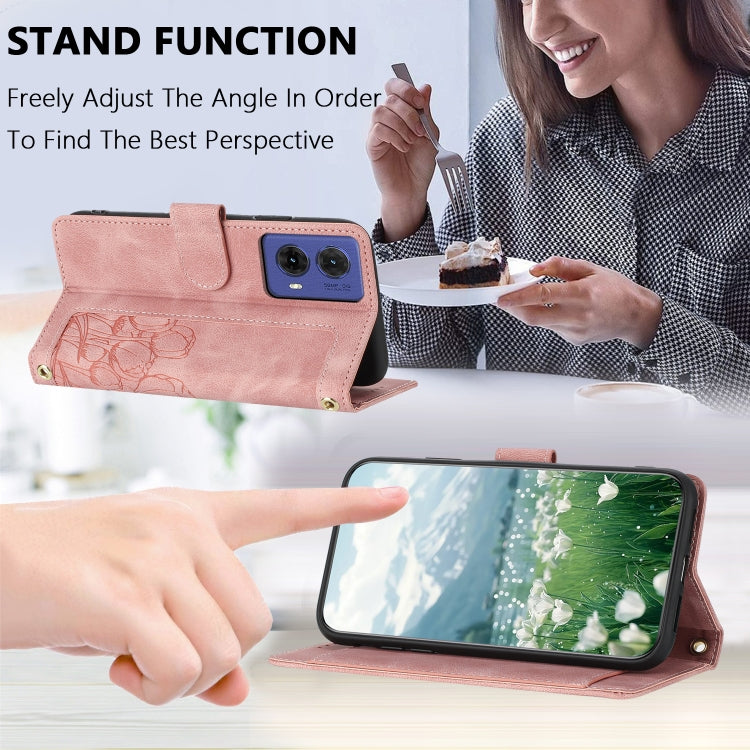 For Motorola Moto G85 Tulips Embossed Leather Phone Case with Lanyard