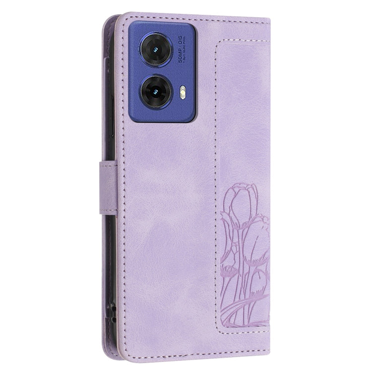 For Motorola Moto G85 Tulips Embossed Leather Phone Case with Lanyard