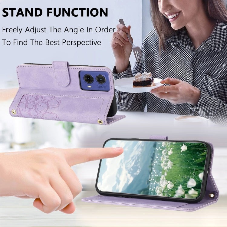 For Motorola Moto G85 Tulips Embossed Leather Phone Case with Lanyard