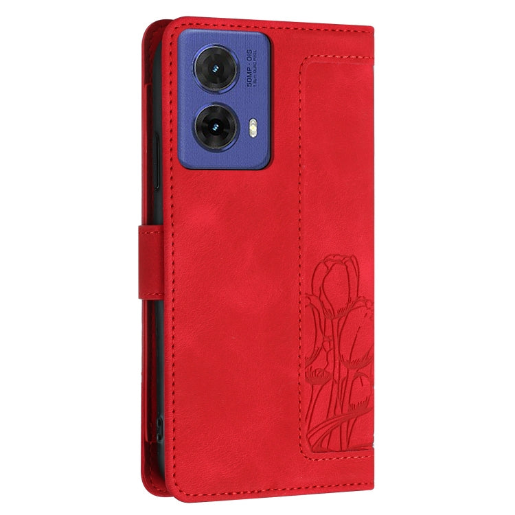 For Motorola Moto G85 Tulips Embossed Leather Phone Case with Lanyard