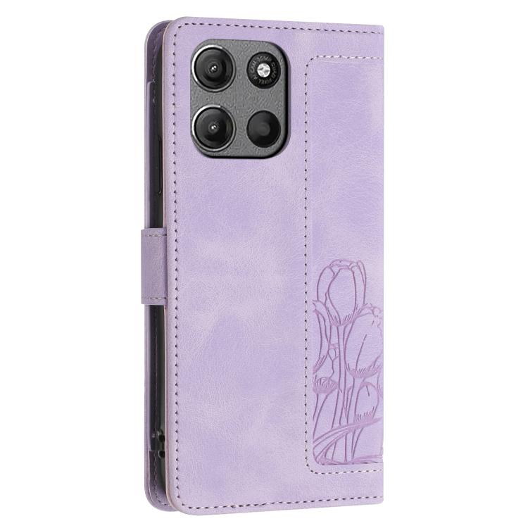 For Motorola Moto G15 Tulips Embossed Leather Phone Case with Lanyard