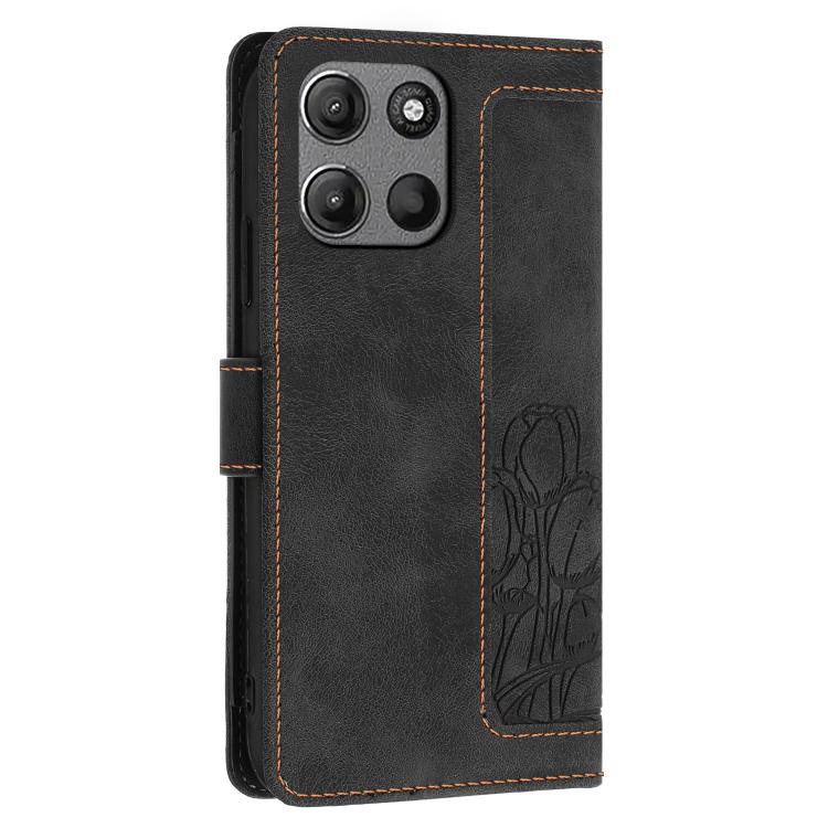 For Motorola Moto G15 Tulips Embossed Leather Phone Case with Lanyard
