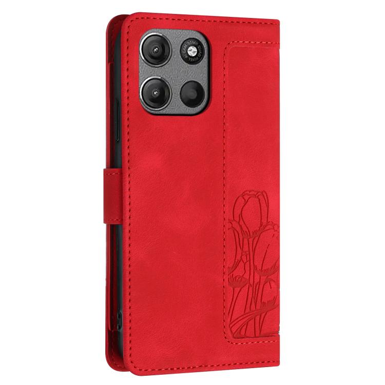 For Motorola Moto G Play 2025 Tulips Embossed Leather Phone Case with Lanyard