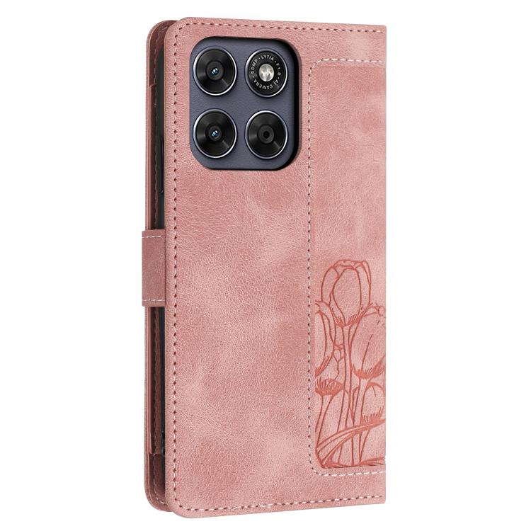 For Motorola Moto G67 / G77 5G Tulips Embossed Leather Phone Case with Lanyard