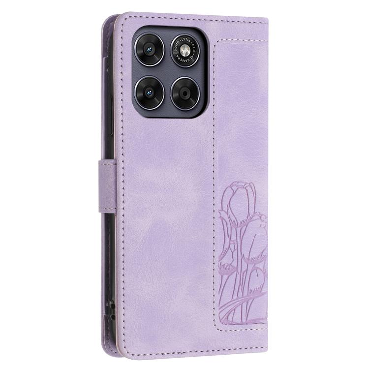 For Motorola Moto G67 / G77 5G Tulips Embossed Leather Phone Case with Lanyard