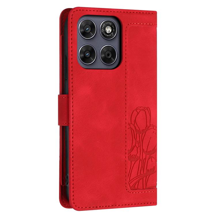 For Motorola Moto G67 / G77 5G Tulips Embossed Leather Phone Case with Lanyard