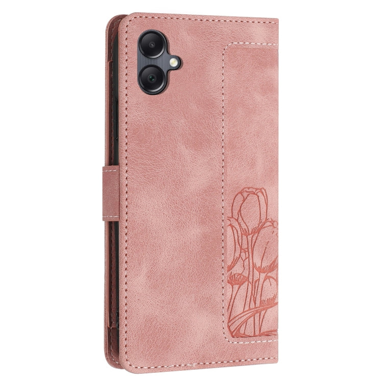 For Samsung Galaxy A05 Tulips Embossed Leather Phone Case with Lanyard