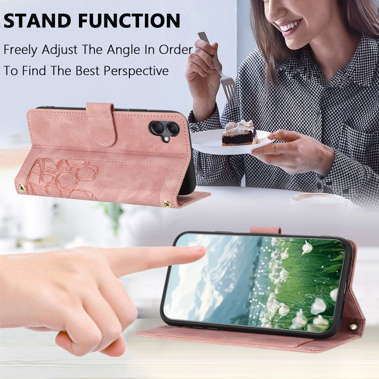 For Samsung Galaxy A05 Tulips Embossed Leather Phone Case with Lanyard