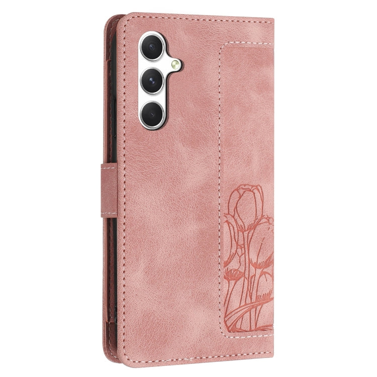 For Samsung Galaxy A05s Tulips Embossed Leather Phone Case with Lanyard