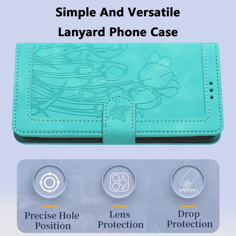 For Samsung Galaxy A05s Tulips Embossed Leather Phone Case with Lanyard