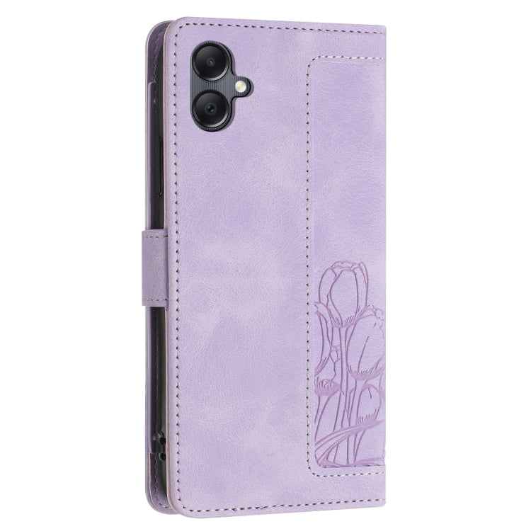 For Samsung Galaxy A06 4G Tulips Embossed Leather Phone Case with Lanyard