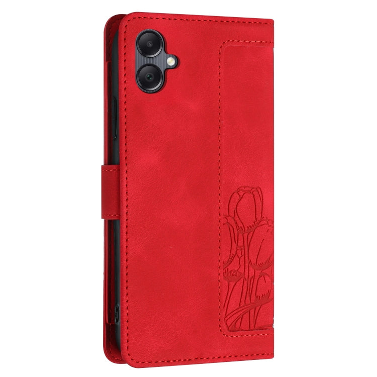 For Samsung Galaxy A06 4G Tulips Embossed Leather Phone Case with Lanyard