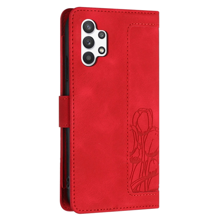 For Samsung Galaxy A13 5G / 4G Tulips Embossed Leather Phone Case with Lanyard