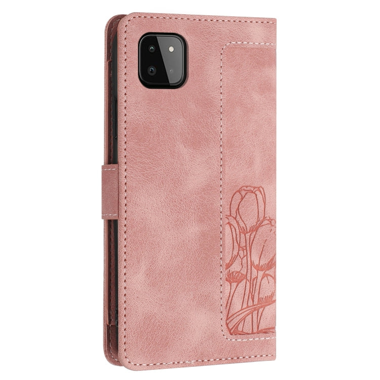 For Samsung Galaxy A22 5G Tulips Embossed Leather Phone Case with Lanyard