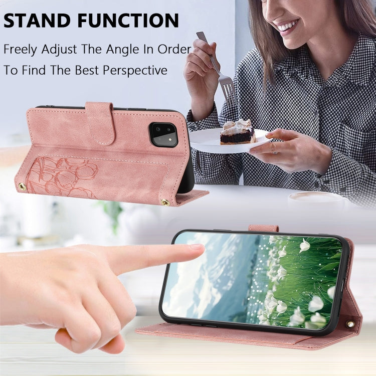 For Samsung Galaxy A22 5G Tulips Embossed Leather Phone Case with Lanyard