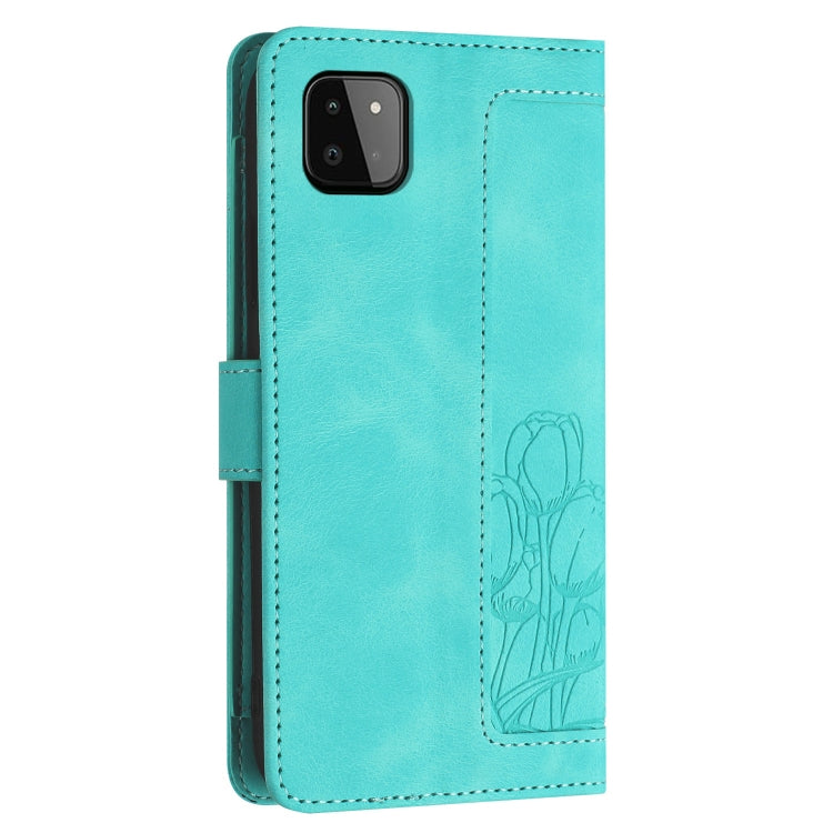 For Samsung Galaxy A22 5G Tulips Embossed Leather Phone Case with Lanyard