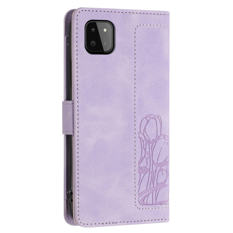 For Samsung Galaxy A22 5G Tulips Embossed Leather Phone Case with Lanyard